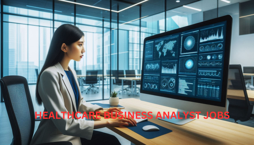 Healthcare business analyst examining a large dataset on a computer screen in a modern office setting.