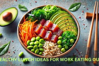 Poke bowl with ahi tuna, avocado, seaweed salad, carrots, edamame, and sesame seeds on brown rice.