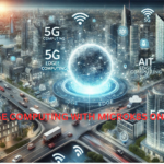 Futuristic concept of IoT edge computing with 5G, AI integration, and autonomous systems.