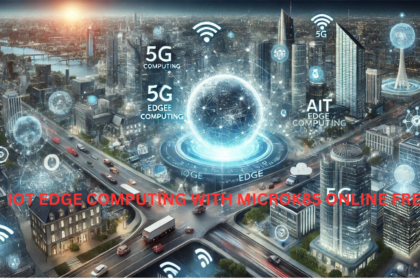 Futuristic concept of IoT edge computing with 5G, AI integration, and autonomous systems.