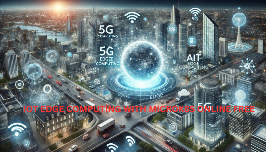 Futuristic concept of IoT edge computing with 5G, AI integration, and autonomous systems.