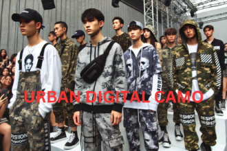 Fashion-forward individuals wearing urban digital camo clothing at a streetwear fashion event.